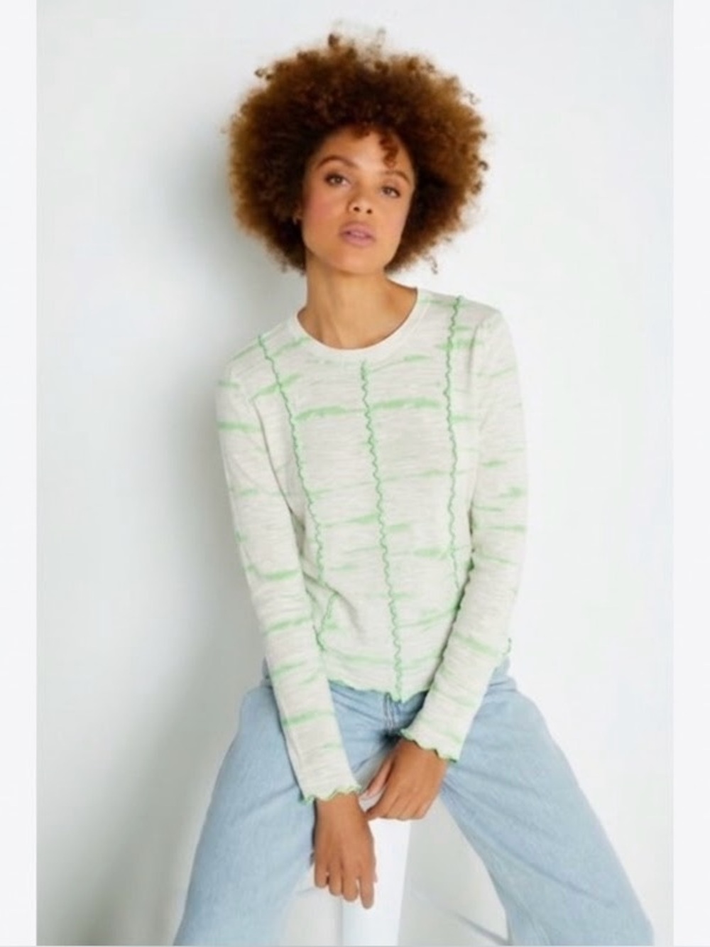 Lisa Todd 100% Cotton Green White Ruffle Tye Dye Long Sleeve Blouse Top